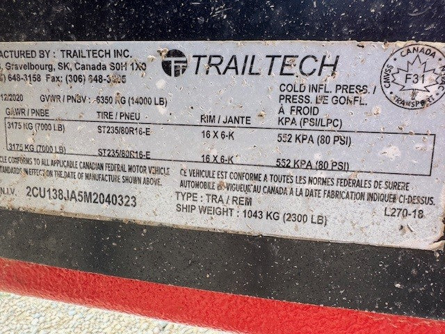 2018 Trailtech L270-18 Equipment Trailer - 14,000 lb gvwr